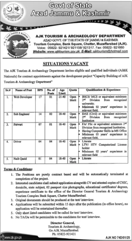 AJK Tourism and Archaeology Department Job Opportunities 2025 ad