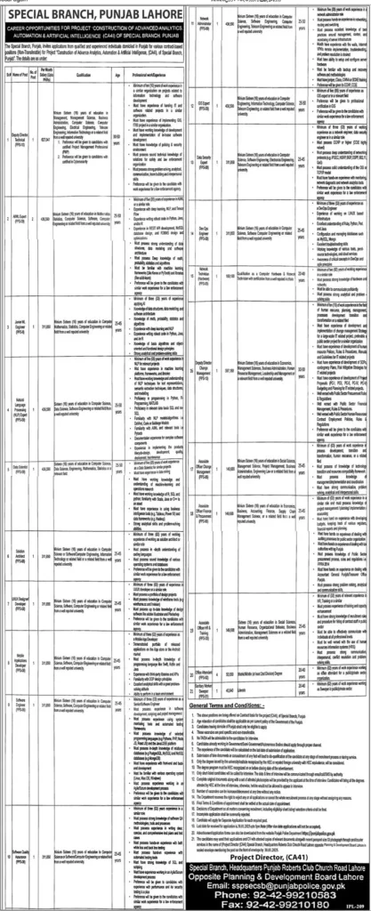 Special Branch Punjab Police Jobs 2025 advertisement